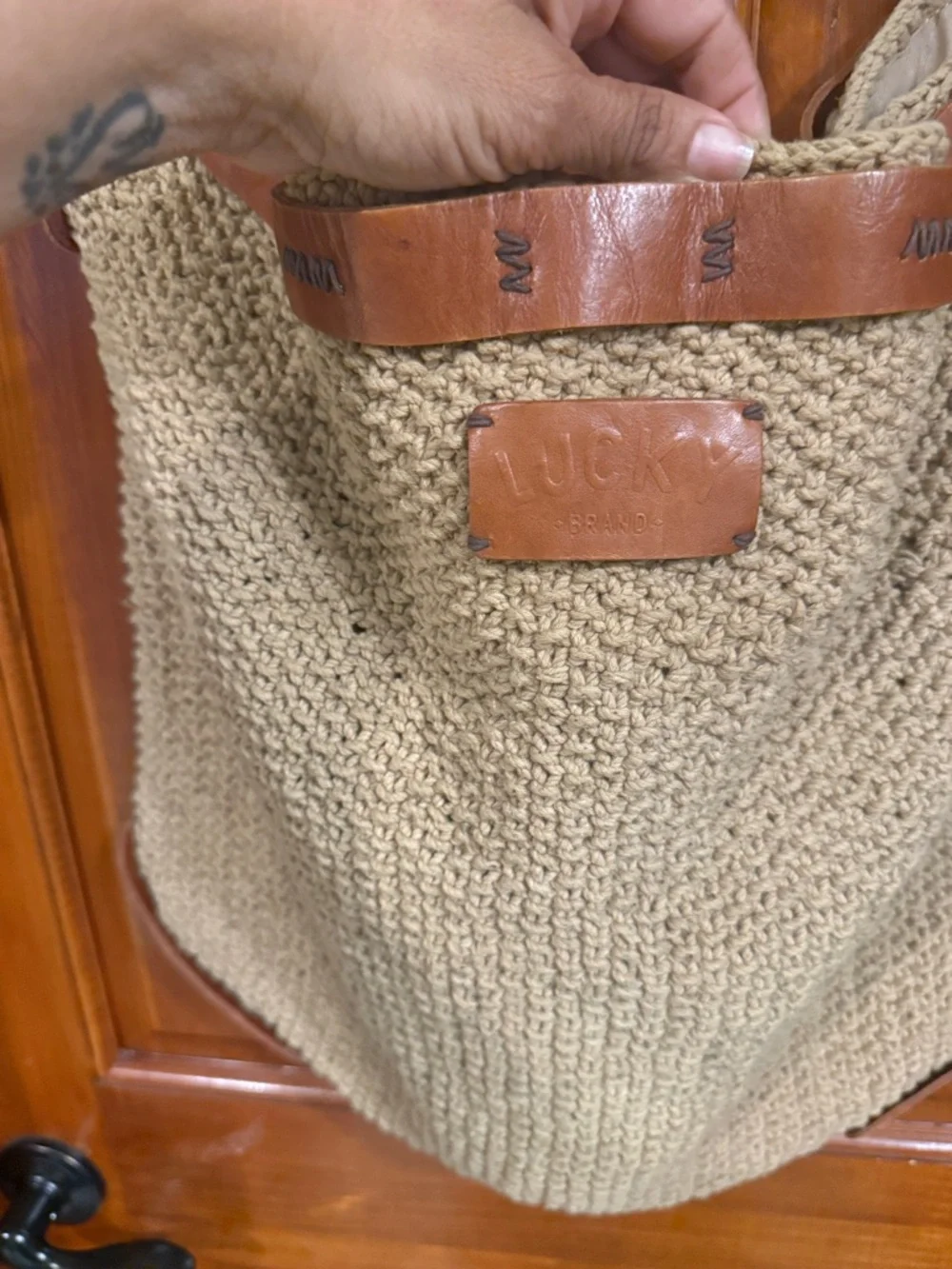 Lucky Brand Beige Woven Hobo with Brown Leather Trim - Picture 5 of 6